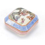 Chinese porcelain box and cover, hand painted in the famille rose palette with a figure attending