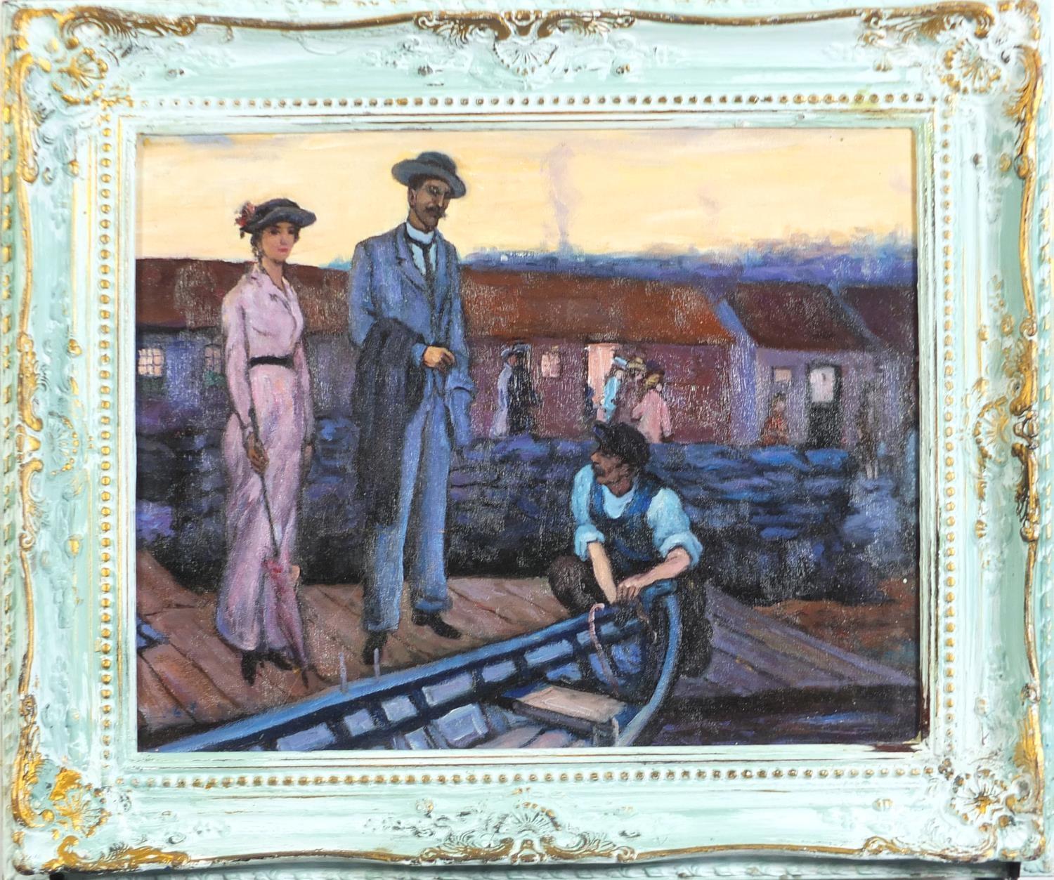 Lady and gentleman on a jetti, oil on board, 50cm x 40cm : For Further Condition Reports, Please - Image 3 of 9