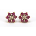 Pair of 9ct gold ruby and diamond flower head earrings, 9mm in diameter, 1.6g : For Further