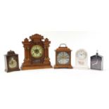 Five mantle clocks including a Rolls Royce grill design example, the largest 39cm : For Further
