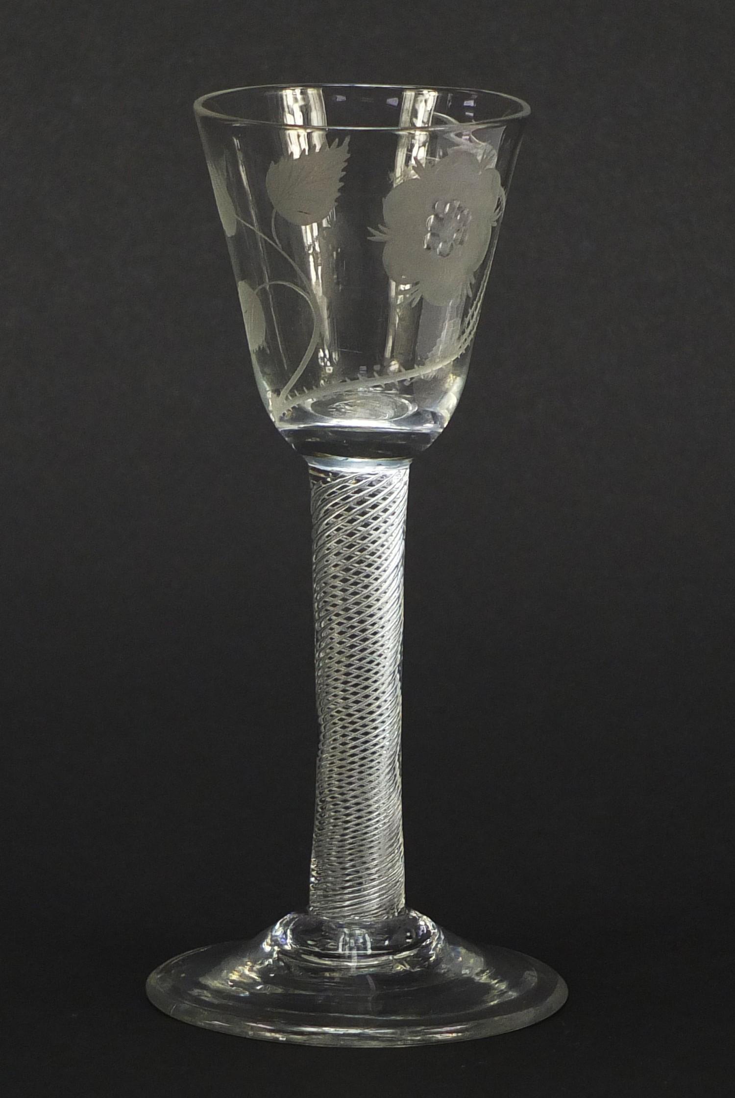 18th century Jacobite wine glass having a rounded funnel bowl engraved with a rose and foliage, on - Image 5 of 9