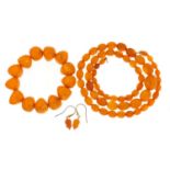 Butterscotch amber coloured necklace, bracelet and earrings, the necklace 70cm, 93.2g : For