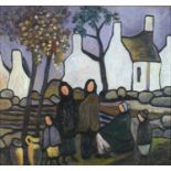 Figures before cottages, Irish school oil on board, framed, 53cm x 48.5cm : For Further Condition