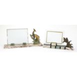 Two French Art Deco marble photo frames mounted with two bronzed birds and a deer, the largest