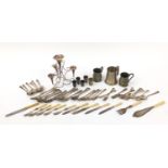 Metalware including silver plated cutlery, four branch epergne and tankards : For Further