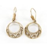 Pair of 9ct gold circular earrings with pierced heart decoration, 1.8cm, 1.7g : For Further