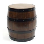 Metal bound oak barrel table with copper top, engraved BVL to the base, 40cm high : For Further