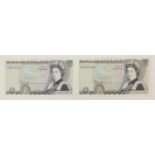Two Elizabeth II Bank of England consecutive five pound notes showing no Chief Cashier, serial