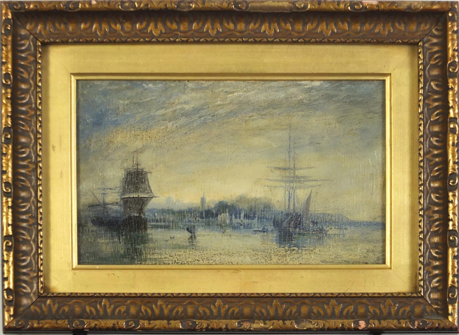 In the style of J M W Turner - Boats on the river, oil on board, 19cm x 11cm : For Further Condition - Image 4 of 7