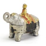 Vallerysthayl glass pot and cover in the form of a figure on elephant, 18cm in length : For