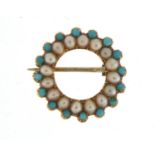 Victorian unmarked gold seed pearl and turquoise wreath brooch, 1.7cm in diameter, 1.8g : For