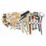 Costume jewellery and wristwatches including a Chinese gilt metal clip with jadeite Buddha, watch
