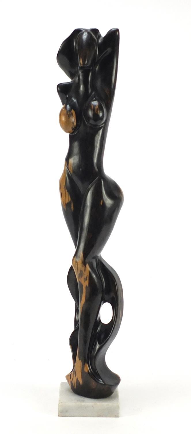 Modernist wood sculpture of a nude female raised on a faux marble base, 50cm high : For Further - Image 2 of 9
