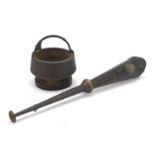 Tibetan copper and brass telescopic horn and a Chinese archaic style incense burner with swing