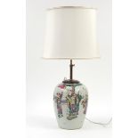 Chinese porcelain jar table lamp with silk lined shade hand painted in the famille rose palette with
