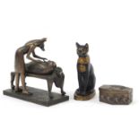 Bronzed Egyptian figure group, seated cat and trinket box, the largest 22.5cm in length : For