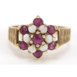 9ct gold opal and purple stone flower head ring, size L, 3.2g : For Further Condition Reports,