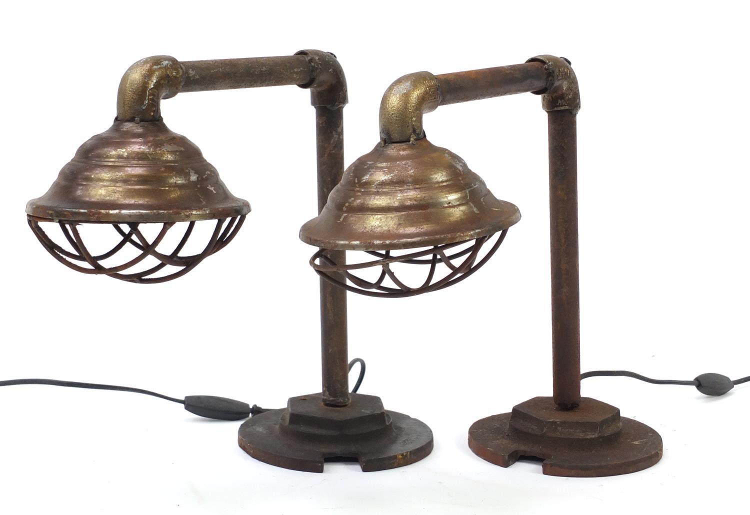 Pair of industrial pipework table lamps, each 36cm high : For Further Condition Reports, Please