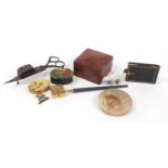 Objects including a classical papier mache box, birdseye maple box, note book, dip pen, and iron