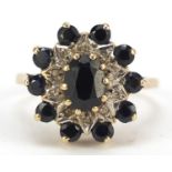 9ct gold diamond and sapphire cluster ring with pierced shoulders, size L, 3.3g : For Further