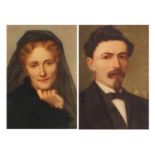 Male and female portraits, Elisa and Pierre Velatta, pair of early 20th century oils, framed, each