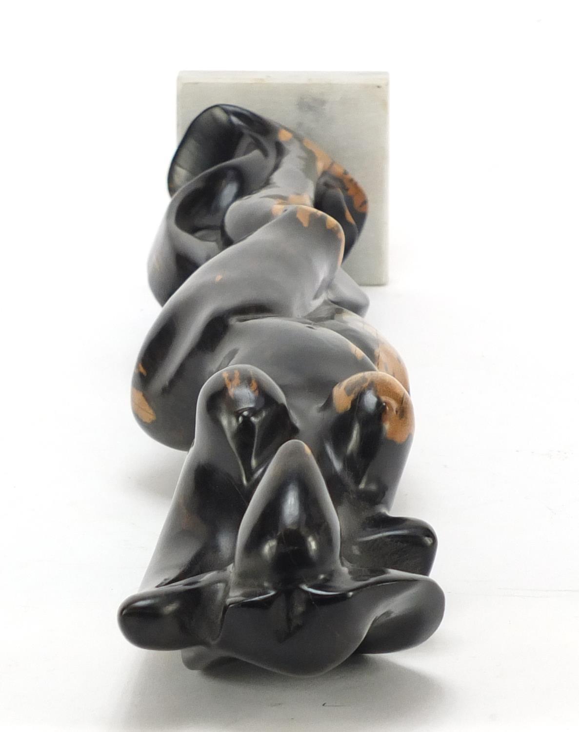 Modernist wood sculpture of a nude female raised on a faux marble base, 50cm high : For Further - Image 8 of 9