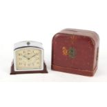 French Art Deco chrome and Bakelite travel alarm clock with subsidiary dial by JAZ with velvet lined