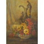 Still life flowers and vessels, oil on board, inscribed verso, framed, 75cm x 55cm : For Further