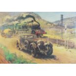 Terence Cuneo - Bentley V '"Blue Train", print in colour, framed and glazed, 78cm x 69cm : For