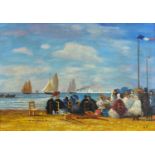 Figures on a beach, French Impressionist oil on board, framed, 53cm x 37.5cm : For Further Condition