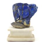 Chinese lapis lazuli carving of a fish raised on white marble base, 13cm high : For Further