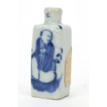 Chinese blue and white porcelain snuff bottle with square body, hand painted with a figure, 6cm high