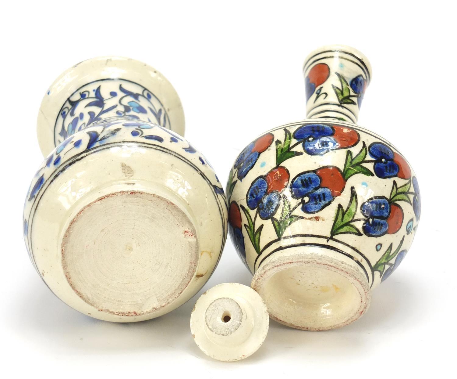 Two Islamic floral pottery vases including one with cover, the largest 11cm high : For Further - Image 9 of 9