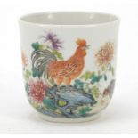 Good Chinese porcelain teacup, finely hand painted with two roosters and two chicks amongst