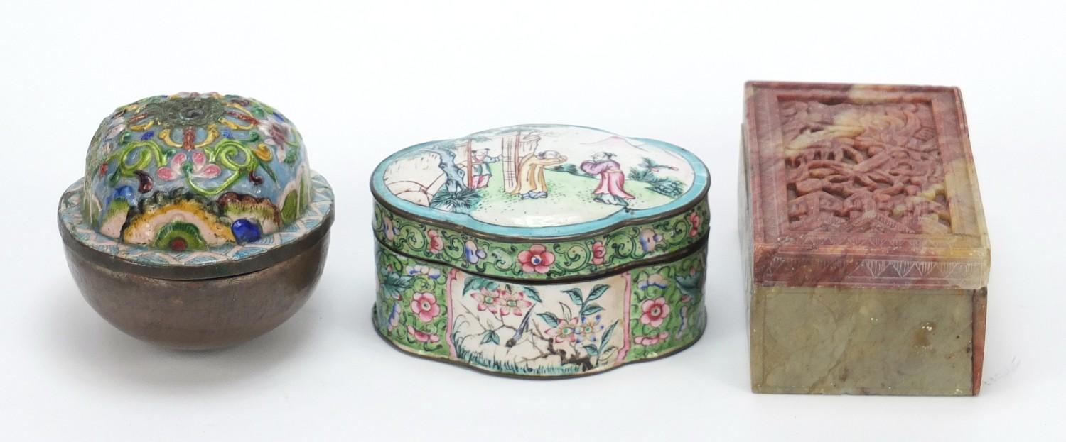 Chinese carved stone box and cover and two enamel boxes with covers, the largest 11.5cm wide : For - Image 2 of 12