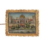 Unmarked gold brooch, hand painted with a view of an Indian Mughal view of a palace, 4.5cm x 3.