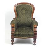 Victorian mahogany spoon back salon chair with fleur de lis green pattern upholstery, 95cm high :