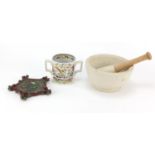 Sundry items comprising George Jones Majolica teapot stand, Burleigh Harvest mug and parian pestle