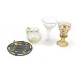 Glassware comprising Victorian leaded panel, Roman style handled vase, German enamelled goblet and