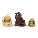 Japanese carved wood Netsuke of three monkeys and two others : For Further Condition Reports, Please