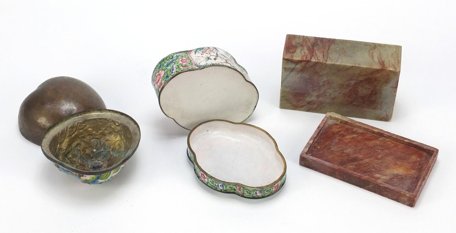 Chinese carved stone box and cover and two enamel boxes with covers, the largest 11.5cm wide : For - Image 7 of 12