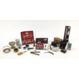 Sundry items including 1897 Diamond Jubilee enamelled beaker, vintage blood pressure moniter, silver