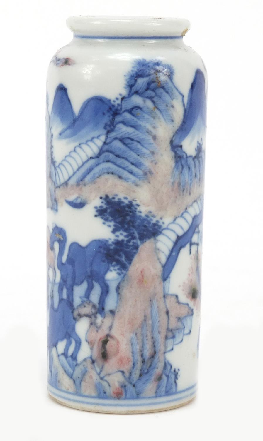 Chinese blue and white with iron red porcelain snuff bottle hand painted with a figure and animals - Image 3 of 8