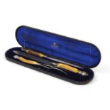 Mappin & Webb three piece horn handle carving set with silver mounts, housed in a velvet and silk