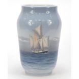 Large Royal Copenhagen vase hand painted with a ship and sailing boat, numbered 1959 1217, 25.5cm