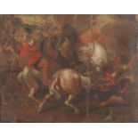 Continental battle scene, 18th century oil on canvas, framed, 48cm x 39cm : For Further Condition