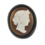 Bakelite cameo style brooch depicting a portrait of a young female, 3.5cm high : For Further