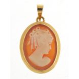 Cameo pendant with 18ct gold mount, carved with a portrait figure of a classical female, 2.7cm in