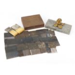 Set of paint effect combs with two brushes and box together with a pressed papier, the largest 18.