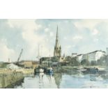 Edward Wesson - Boats in water before cathedral, pencil signed print in colour with embossed